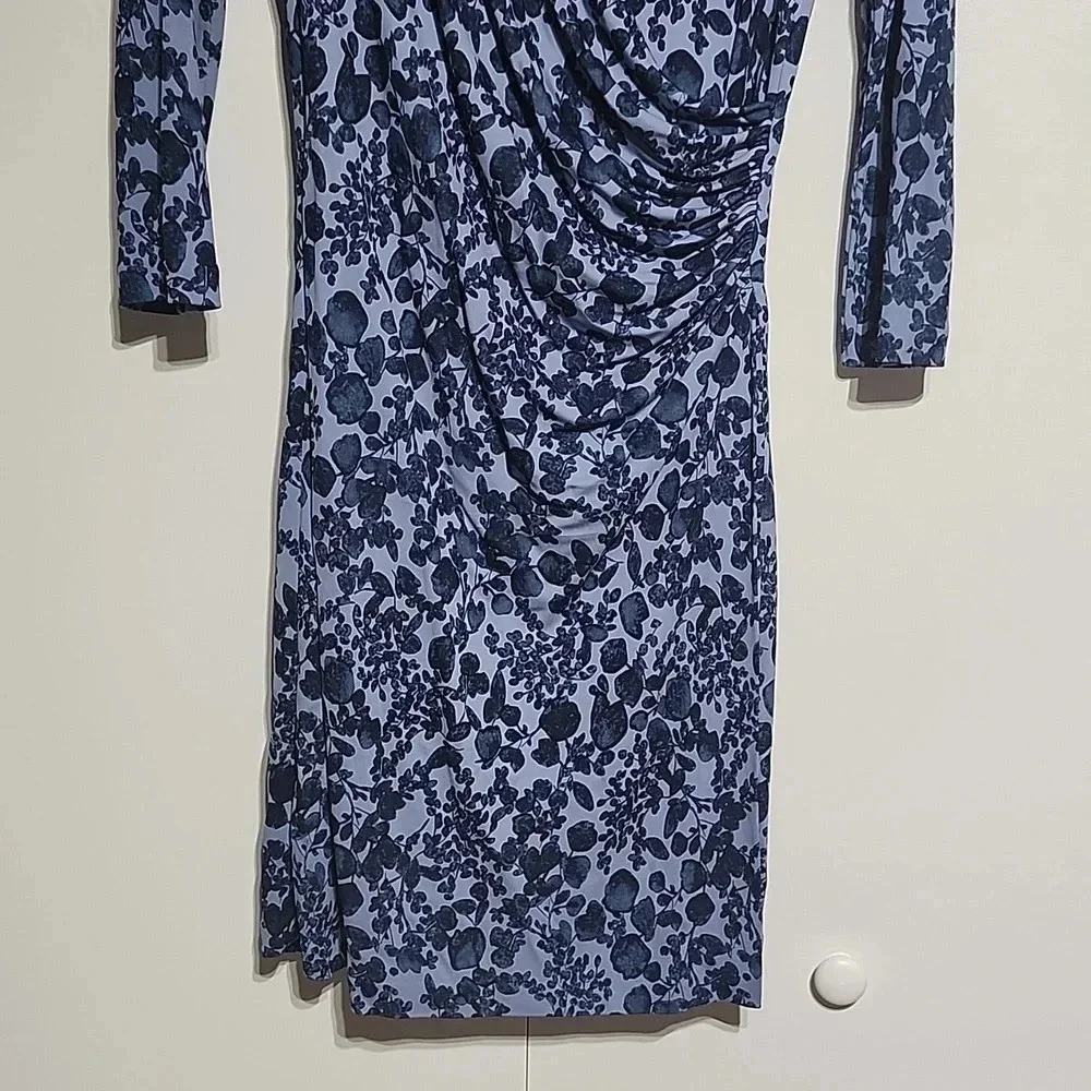 Tory Burch Blue Floral Ruched Dress Size S V-Neck 3/4 Sleeve Designer